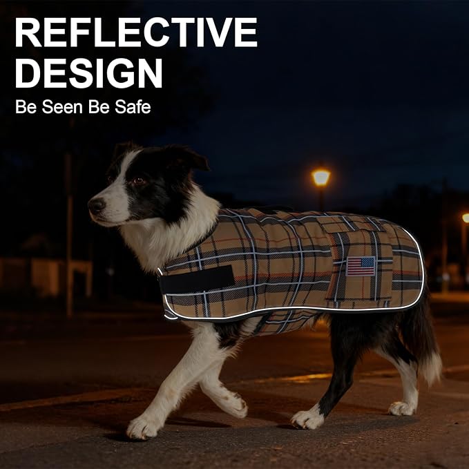 BEAUTYZOO Dog Winter Coat for Large Dogs Waterproof, Warm Reflective Great Dane Oxford Canvas Jacket, Fleece Dog Cold Weather Coats Windproof for Female Male Dogs, Khaki Plaid L