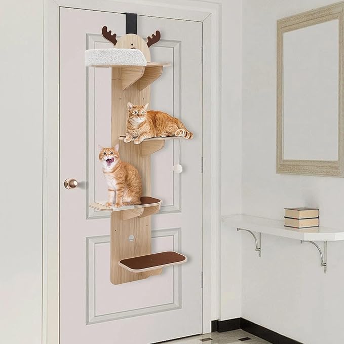 Cat Climbing Frame, 4 Tier Door Mounted Cat Tree, Sisal Scratching Board, Multi Level Cat Condo, Space Saving Elk Shaped Cat Shelf, Door Hanger with Plush Ball Toy
