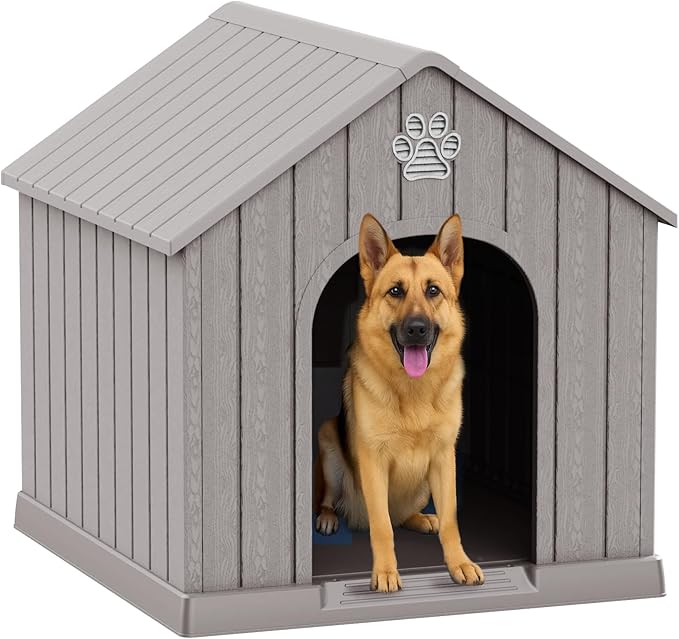 VIXZEN Dog House Outdoor Large Breed - Weatherproof PP Resin Doghouse with Elevated Floor, Open Design & Easy Assembly, Large Dog Houses for Large Dogs Outside (Grey, 38.62" L x 36.26" W x 38.07" H)