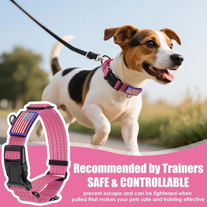 Martingale Dog Collar, Reflective No Pull Training Collar with Quick Release Buckle & USA Flag, Heavy-Duty Nylon, Adjustable for Small Medium Large Dogs (S,Pink with Flag