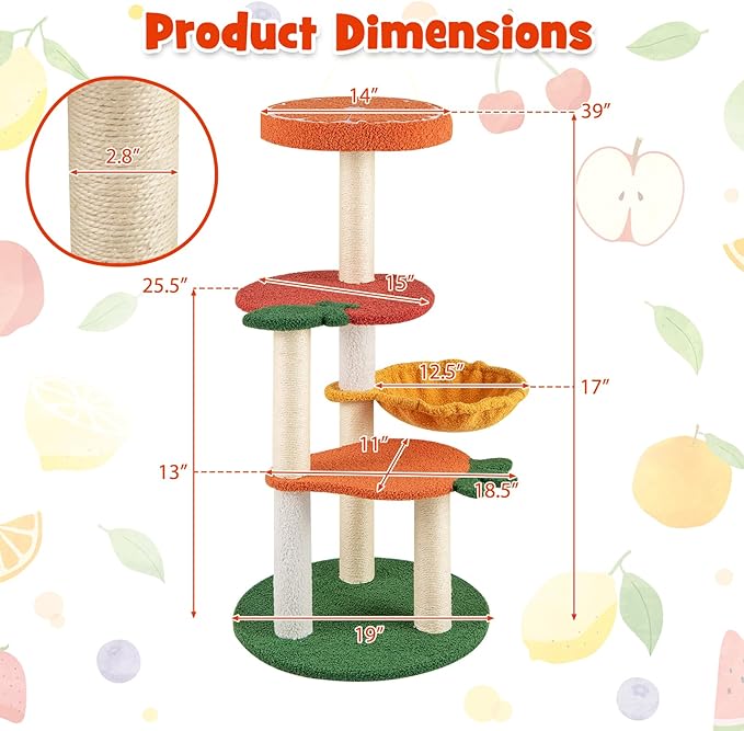 Tangkula Fruit Cat Tree, Multi-Level Cute Cat Tower with Sisal Scratching Posts, Padded Top Perch, Rotatable Basket, Apple & Carrot Shaped Platform, Chic Vegetable Cat Tree for Indoor Cats