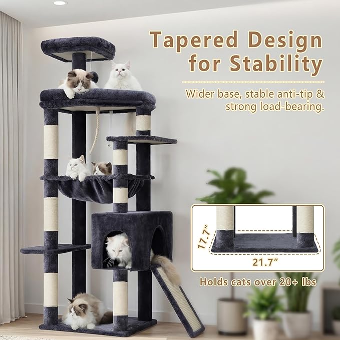 Heybly Heavy Duty Cat Tree, 64.2-Inch Tall Tower for Large Indoor Cats with Widened Structure, Cat Furniture with Big Platforms, Extra-Large Hammock, Sisal Scratching Posts & Board, Smoky Gray HCT027G