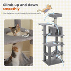 PEQULTI 56.3'' Cat Tree for Indoor Cats, Multi-Level Cat Tower with 2 Top Perch, Cat Condo, Hammock and Sisal-Covered Scratching Post, Grey