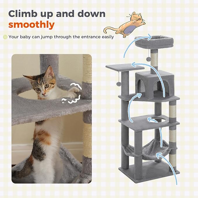 PEQULTI 56.3'' Cat Tree for Indoor Cats, Multi-Level Cat Tower with 2 Top Perch, Cat Condo, Hammock and Sisal-Covered Scratching Post, Grey
