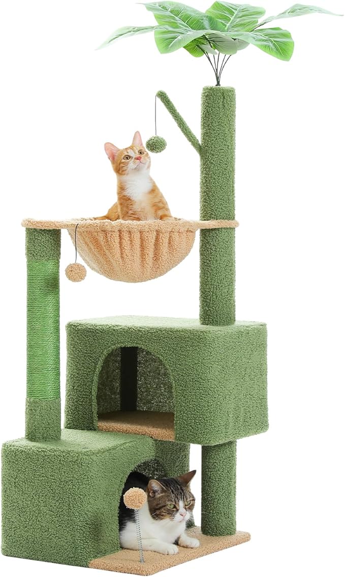 45-Inch Green Cat Tree with 2 Condos for Indoor Cats,Cat Tower with Scratching Posts for Small Cats,Cactus Cat Tree Tower with Hammock and Cat Toys