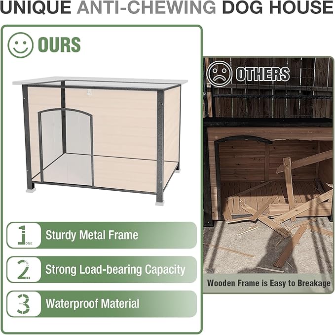 43.3’’ Large Dog House Outdoor Weatherproof Dog Kennel with Upgraded Thickened Metal Frame, Dog Shelter with PVC Curtain, Openable Roof and Removable Floor, Easy to Clean (Brown)