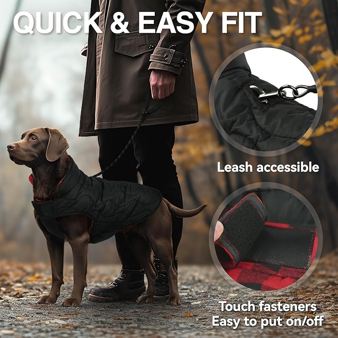 VIVAGLORY Softjoy Dog Coat, Dog Jacket for Winter & Christmas, Coat with Harness Hole, Reversible Plaid Checkered Warm Fluffy Heavy Duty for Puppy, M, Red Black