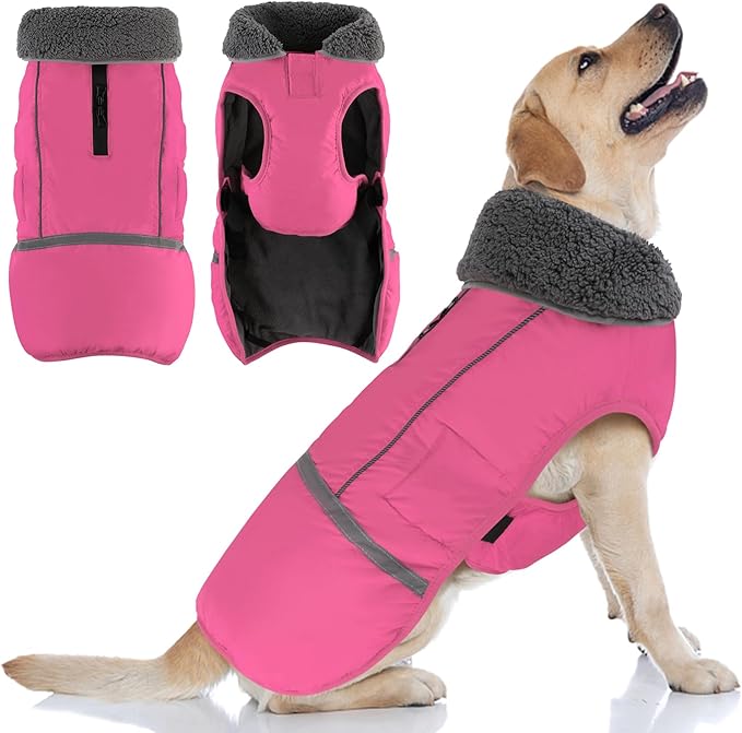 Doglay Dog Coat, Waterproof Dog Jacket Pet Winter Coat for Cold Weather with Thicken Furry Collar, Reflective Puppy Winter Jacket Warm Fleece Lining for Small Medium Large Pets