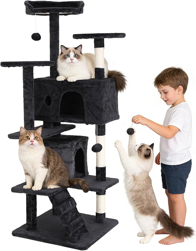 BLKMTY Cat Tree 54" Tall Cats Tower Large Cat Condo Climber Cats Climbing Stand with Top Perches Playhouse and Climbing Ladder Kitty Activity Tree w/Scratching Post Toys, Dark Gray