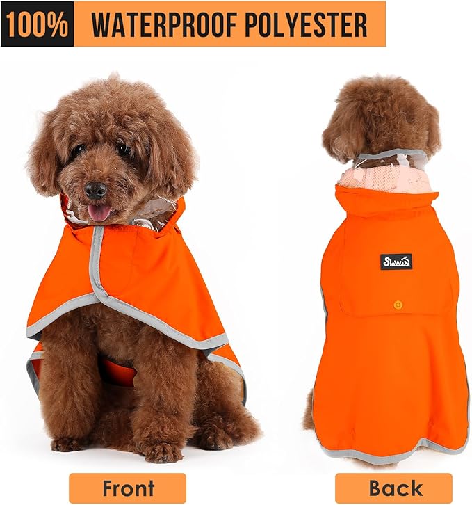 SlowTon Dog Raincoat, Adjustable Dog Rain Jacket Clear Hooded Double Layer, Waterproof Poncho with Reflective Strip Straps and Storage Pocket for Small Medium Large Dogs Puppies(OR XS)