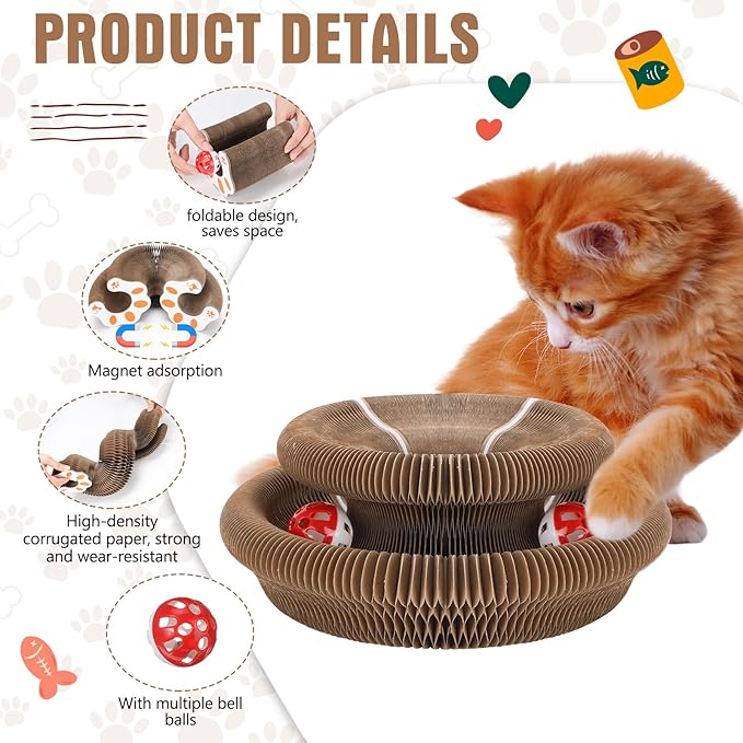 Soulchen 4 Pcs Magic Organ Cat Scratching Board, Combinable Cats Toy for Adult Pets, Interactive Cardboard Kitten Scratcher with Bell Ball, Durable Foldable Accordion Scratch Pad (Cat Paw)