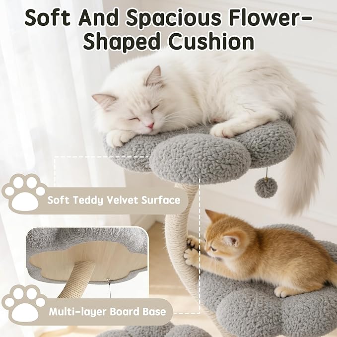 FKWin 48" Tall Cat Tree,Flower Shape Design,Scratching Post Condo,Multi-Level Furniture Activity Center,Kittens Pet House Play with Hang Ball,Plush Cat Tower for Large Cats (Gray-3 Tiers)