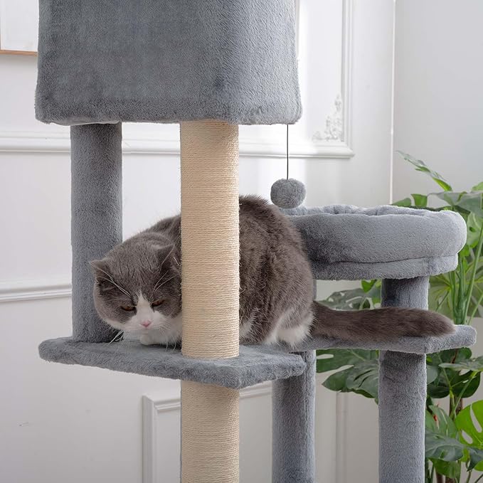 Cat Tree for Indoor Cats 105" Tall Cat Tower Multi-Level Cat Condo with 3 Perches 2 Caves Cozy Basket Scratching Board Pet Supplies Gray