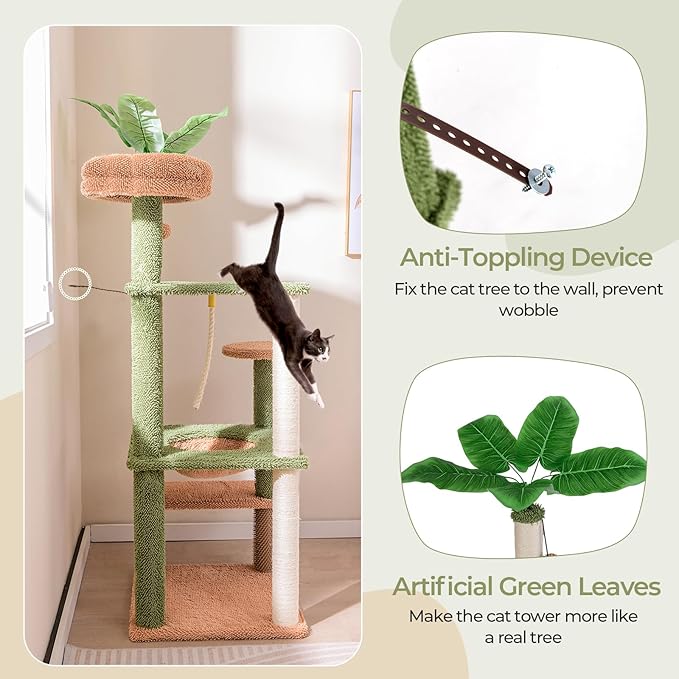 Tangkula Plant Cat Tree, 60 Inch Green Aesthetic Cat Tower with Sisal Scratching Posts, Artificial Leaves, Perch, Hammock, Self Groomer, Rope, Pompom Ball, Cute Cat Tree Tower for Indoor Cats