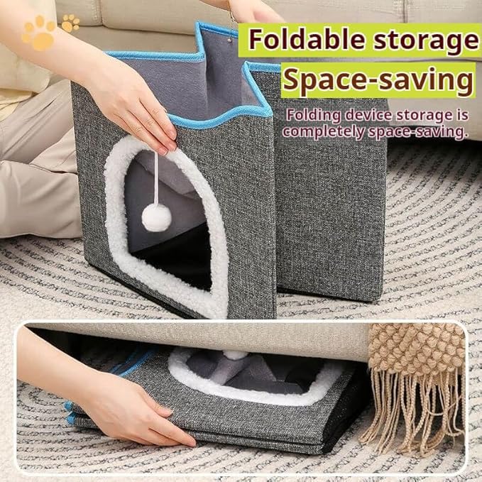 Cat Bed with Scratching Pad and Hanging Fluffy Ball Foldable Large Cat Cave House for Indoor Cats