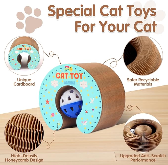 2Pack Extensible Extensible Cat Scratcher Cardboard Toy | Magic Accordion Scratching Pad with Bell Ball - Foldable & Reversible Interactive Kitty Play for Indoor Cats