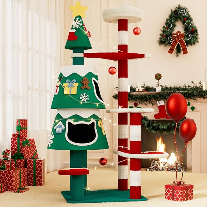 Christmas Cat Tree, Cat Tower for Indoor Cats with 2 Cat Condos, Thickened Cat Scratching Post，Cute Cat Furniture with DIY Christmas-Themed Stickers and LED String Lights