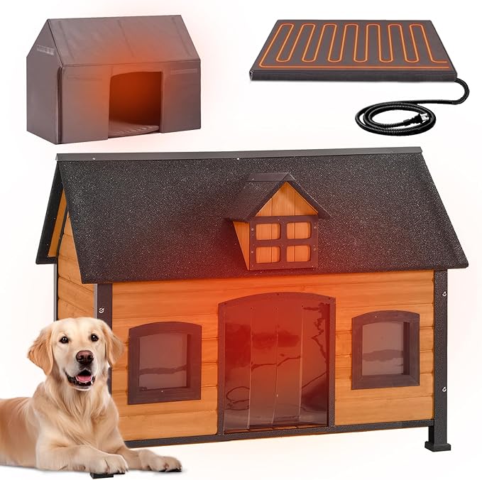 GUTINNEEN Heated Outdoor Dog House, 2-Windows Weatherproof Shelter with Reinforced Metal Frame, Heating Pad& Insulated Thermal Liner for All-Season Use (Fits Small, Medium, Large Dogs)