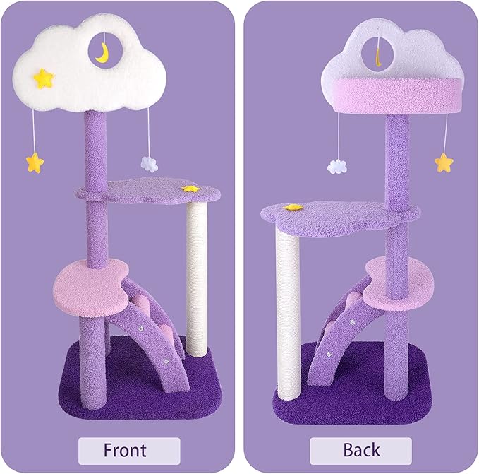 Lucky Monet 43 Inches Cat Tree Tower for Indoor Cats, 3-Layer Purple Cute Purple Pink Cat Tree Unique Cat Condo with Scratching Post