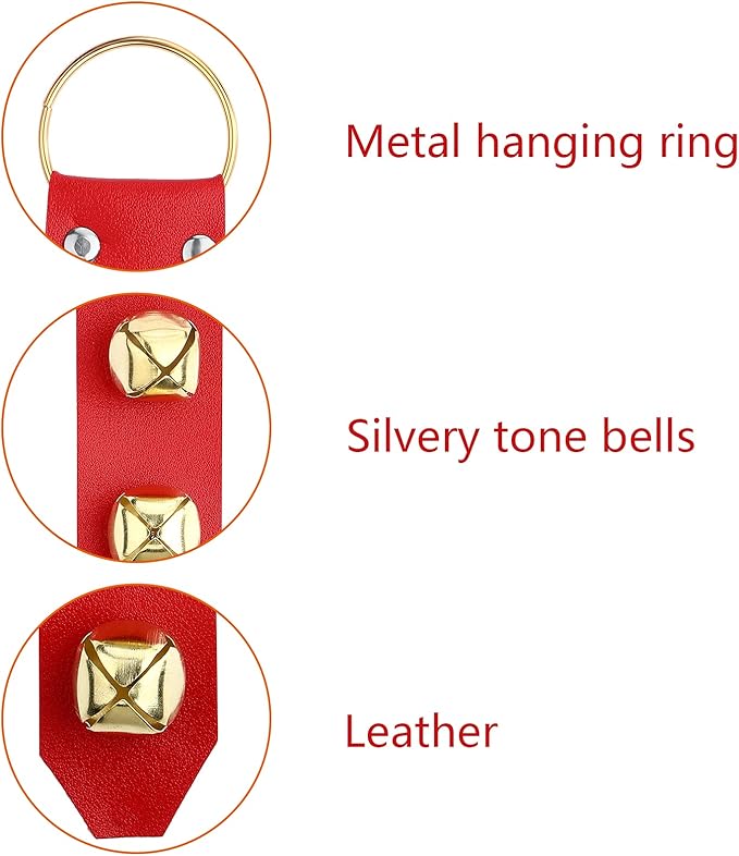 Frienda Hanging Jingle Sleigh Bells 7-Bell Dog Doorbells for Door Knob Faux Leather Belts Go Outside Dog Bells Christmas Decor and Holiday Decorations, 18.7 x 1.8 x 1 Inches(Red with Gold)