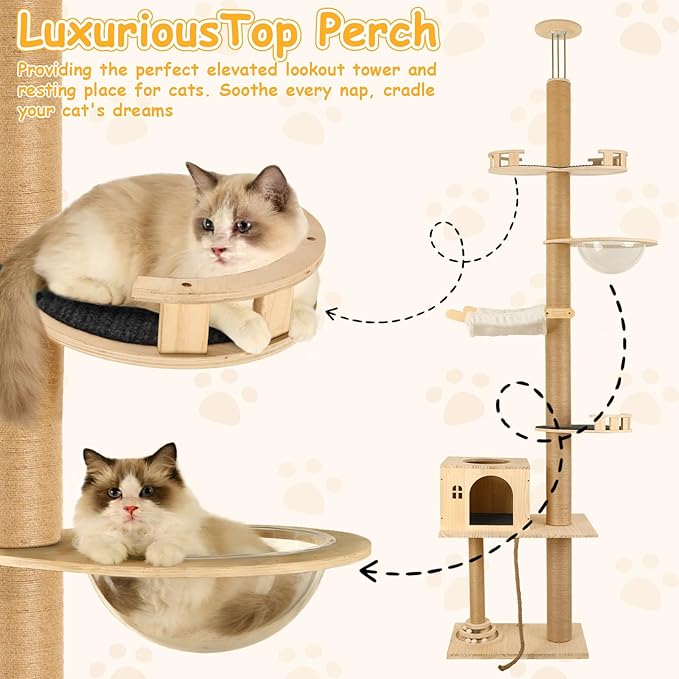 Cypherx Floor to Ceiling Cat Tree, 6 Tier Tall Cat Tower Adjustable Height (81-109 in), Modern Cat Tree Tower for Indoor Cats with Scratching Post, ransparent Capsule and Cozy Hammock, Wood