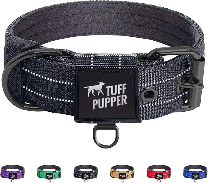 Tuff Pupper Heavy Duty Tactical Dog Collar | 1.5" Wide Ballistic Nylon | Reflective Stitching | Integrated ID Tag Holder | Stainless Steel Buckle | Padded Lining | Medium & Large Dogs (Black, Medium)