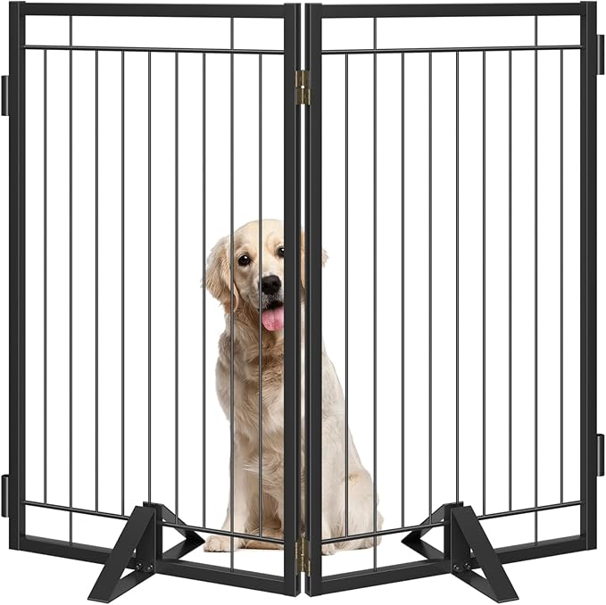 Metal Free Standing Dog Gate with Cat Door for Indoor/Outdoor,40" Extra Wide Foldable Pet Gate,36" Tall Puppy Fence for Large Openings Stairs,Deck,Yard,Doorways(2 Panels,Black)