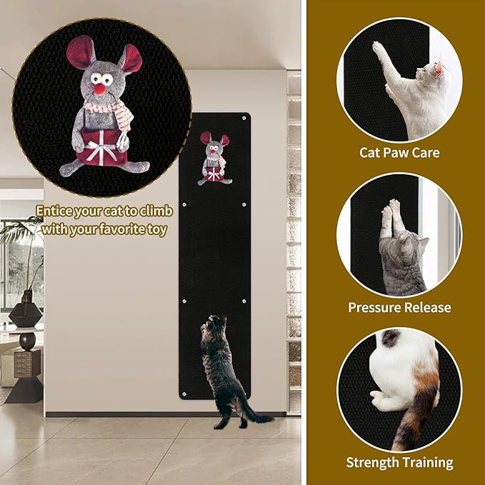 FHTONGE 71x15.8 Thickened Cat Wall Climbing Carpet with 16 Fixed Nails, Extra Large Tall Cat Scratch Pad for Wall, Wall Mounted Climbing Cat Scratcher for Furniture Couch Sofa Protector(Pure Black)