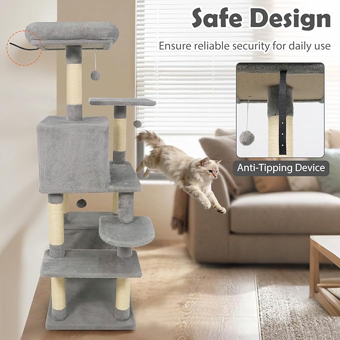 Tangkula 58 Inch Cat Tree Tower, Multi-Level Cat Tower with Sisal Scratching Posts, Padded Top Perch, Condo & Hammock, 3 Hanging Balls, Jumping Platforms for Indoor Cats (Light Gray)
