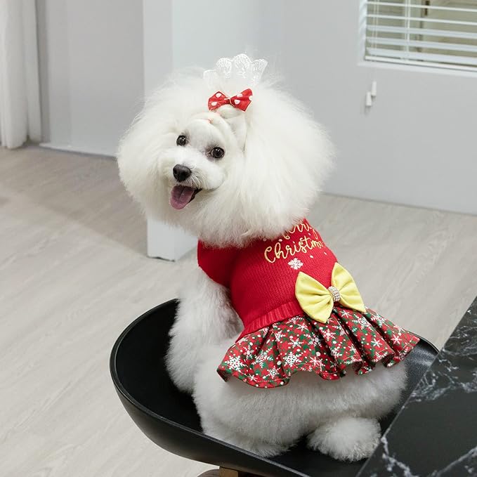 CuteBone Christmas Dog Sweater Dress Turtleneck Puppy Sweater with Bowtie Harness Hole Pullover Winter Dress for Medium Dogs