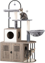 HOOBRO Cat Tree with Litter Box Enclosure, Arched All-in-One 31.5" Cat Tower with Hidden Litter Box Furniture for Indoor Cats, Versatile Cat Condo with Sisal Posts, Hammock, Greige and Gray BG45MZ03
