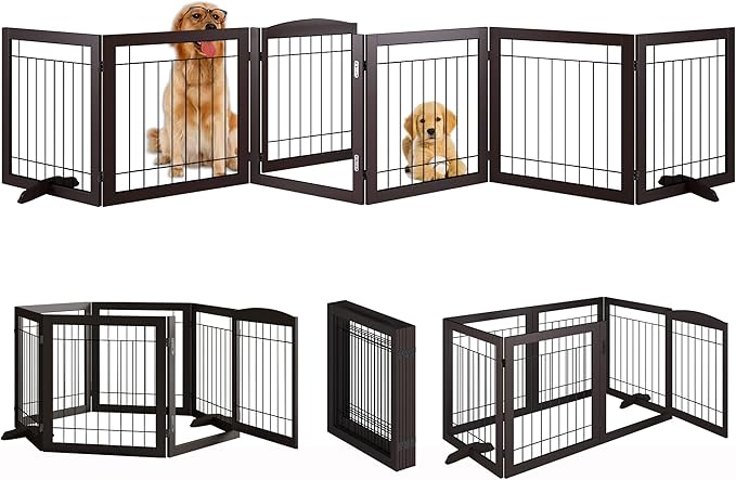 Vantas Folding Pet Gate 144" Wide, 30" Tall No-Assembly Wooden Dog Gate with Door Walk Through, Freestanding Wire Pet Puppy Safety Fence, with 2PCS Support – Espresso