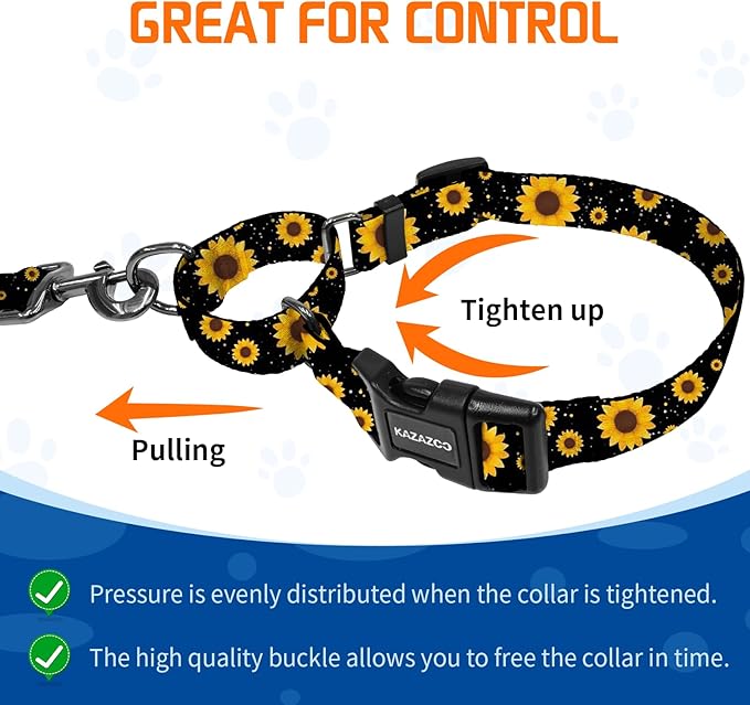 Kazazoo Martingale Collar for Dogs with Quick Release Buckle Adjustable Soft Durable Dog Collar for Small Medium Large No Pull Training Dog Collars-Black Sunflower S