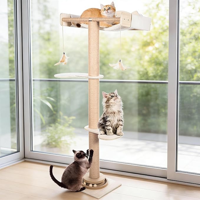 Cat Window Hammock 48" Adjustable Scratching Posts, Multi-Level Window Mounted Cat Tree with Natural Sisal and Track Toys for Large Cats, Climbing, Sunbathing & Bird Watching (Drill-Free)