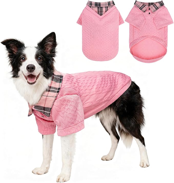 SCENEREAL Dog Sweaters for Small Medium Dogs, Pet Hoodie Sweatshirts Winter Knitted Pullovers with Fashion Shirt Collar, Puppy Clothes Cold Weather Coats, Pink L