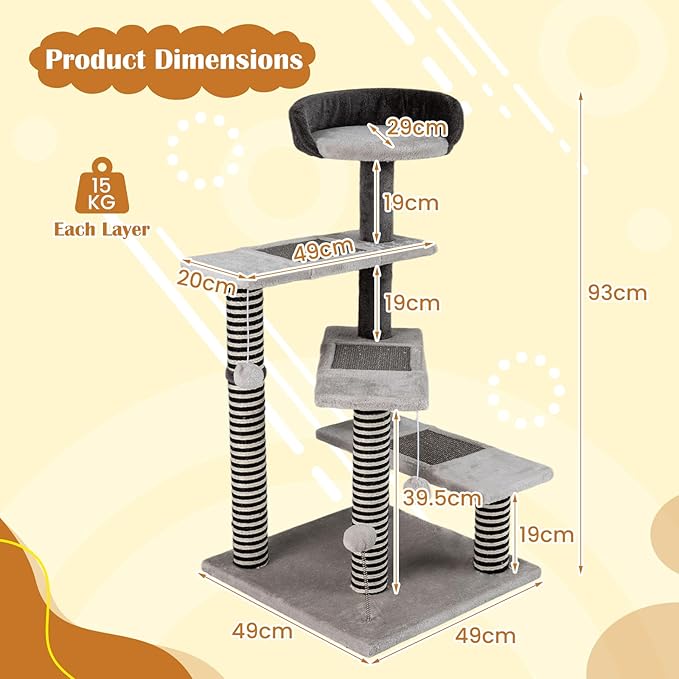 PETSITE 37-inch Small Cat Tree for Elder Cats, Modern Cat Tree Tower with Sisal Scratching Posts, Interactive Hanging Balls, Spring Ball, and Multiple Jumping Platforms with Sisal Scratching Boards