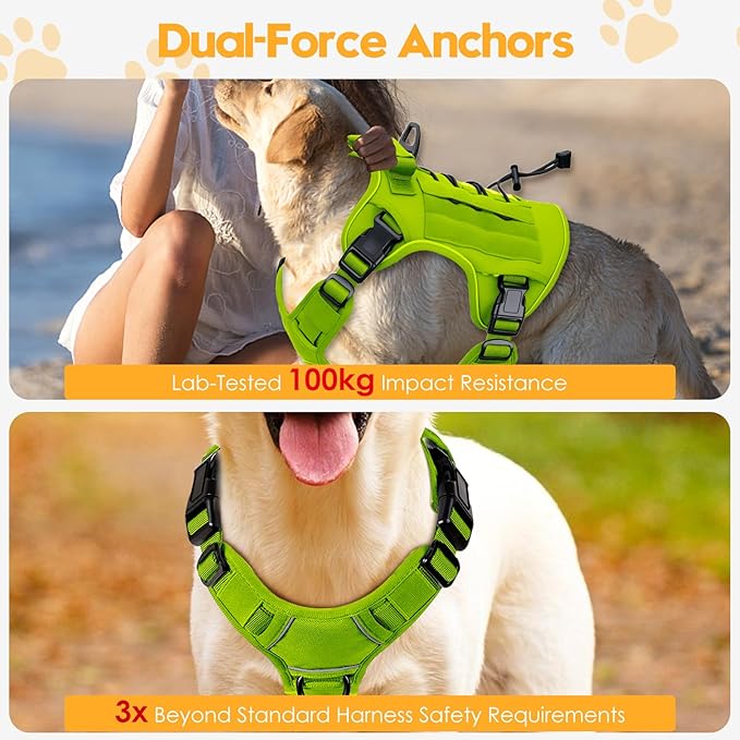 Heavy-Duty Tactical Dog Harness for Large Dogs, No Pull Adjustable Reflective Pet Vest with Molle System, K9 Military-Grade Control for Service Training, Outdoor & 10+ Breeds, Wild Lime, Large