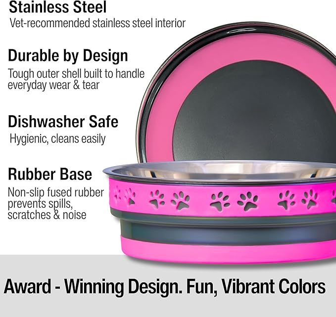 Loving Pets Corsa Dog Bowls- Stainless Steel Dog & Cat Bowls - Spill Proof Dog Food Bowl, Cat Bowl, Puppy Essentials & Pet Supplies Great for Home & Travel (Medium 20-35 lbs, Fiery Pink)