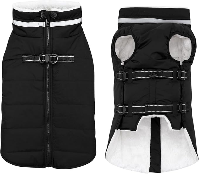Mklhgty Large Dog Coat with Harness Built-in, Waterproof Reflective Fleece Lined - Warm Windproof Winter Jacket with Back Zipper, Cold Weather Snow Dog Coats - Black - XL