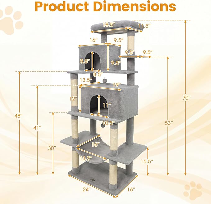 PETSITE 70-inch Tall Cat Tree, Modern Multi-Level Cat Tower with 2 Comfy Condos, Sisal Scratching Posts, Snug Hammock, and Dangling Ball, Ideal for Indoor Cats and Kittens (Grey)