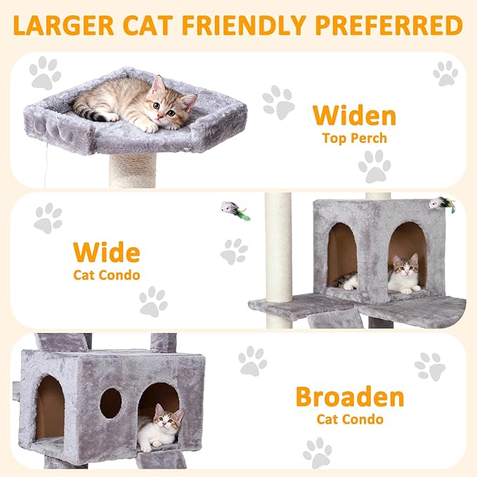 Extra Large Platform Cat Tree 69in Sturdy Cat Scratching Tree for Indoor Cats Large Adult Big Cat Perch Tower with 3 Padded Perches 5 Scratching Posts Cat Condo Hammock Gray