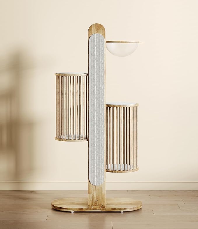 Natural Solid Wooden Cat Tower, 67''Modern Multi-Level Cat Tree Tower, Cat Tower for Indoor with Sisal Scratching Post Luxury Large Cat Furniture，White