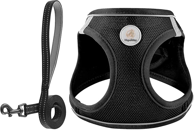 Hipubby Dog Harness and Leash Set, No Pull Soft Mesh Puppy Harness for Small Medium Dogs, Cats - Step in Reflective Breathable Lightweight Vest Harness for Walking, Training - Black, M