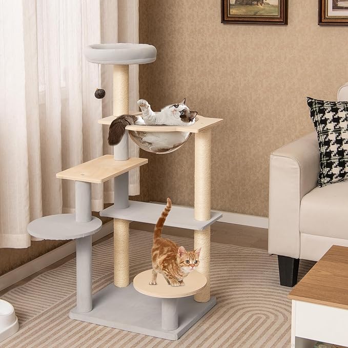 Tangkula Modern Cat Tree, 44 Inch Multi-Level Cat Tower with Removable Padded Top Perch, Sisal Scratching Posts, Jumping Platforms, Dangling Ball, Kitty Activity Center for Indoor Cats