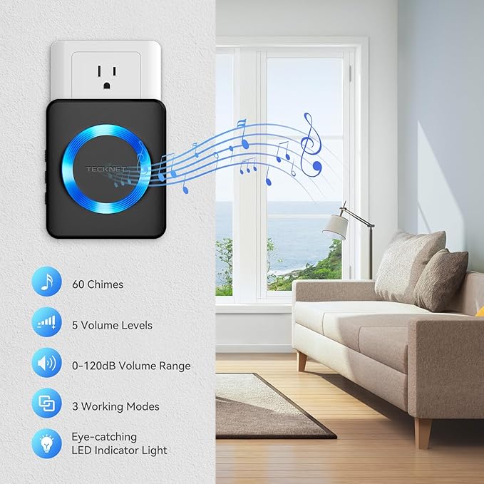 TECKNET Wireless Doorbell, Door Bell 0-120dB, Plug-In Doorbells 1300ft Range, Classroom Doorbell IP65 Waterproof, 60 Chimes & 5 Volume Levels, LED Light for Home Kids Classroom Hearing Impaired, black