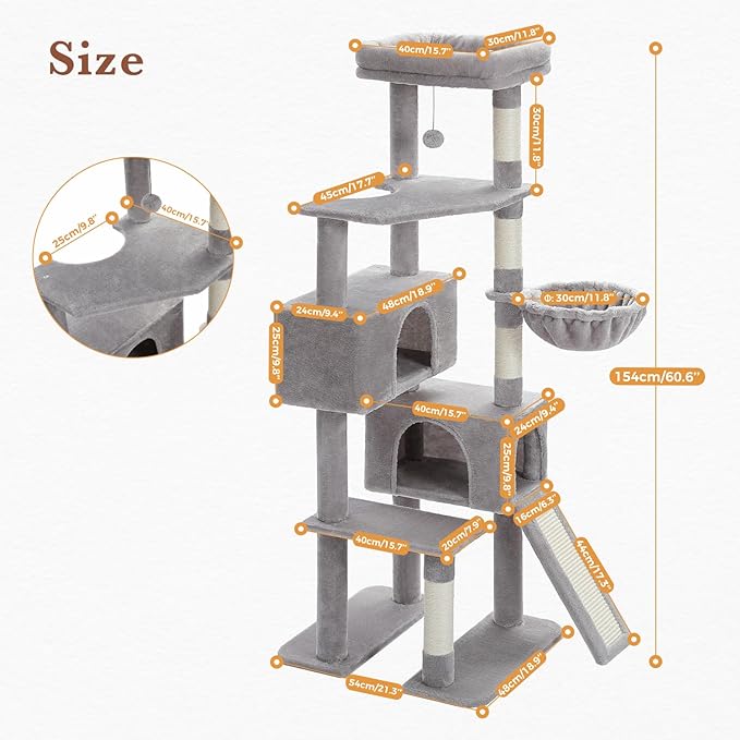 PEQULTI 60'' Cat Tree, Tall Cat Tower with 2 Large Condos, Wide Top Perch, Cozy Hammock and Sisal Scratching Posts for Indoor Cats Lare Adult Gray
