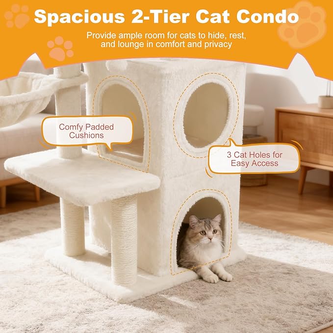 Tangkula Cat Tree Tower, 33.5 Inch Cute Cat Tower with 2-Tier Large Condo, Sisal Scratching Posts, Padded Top Perch, Dangling Toy, Rotatable Cozy Basket, Cat Climbing Furniture (Beige)