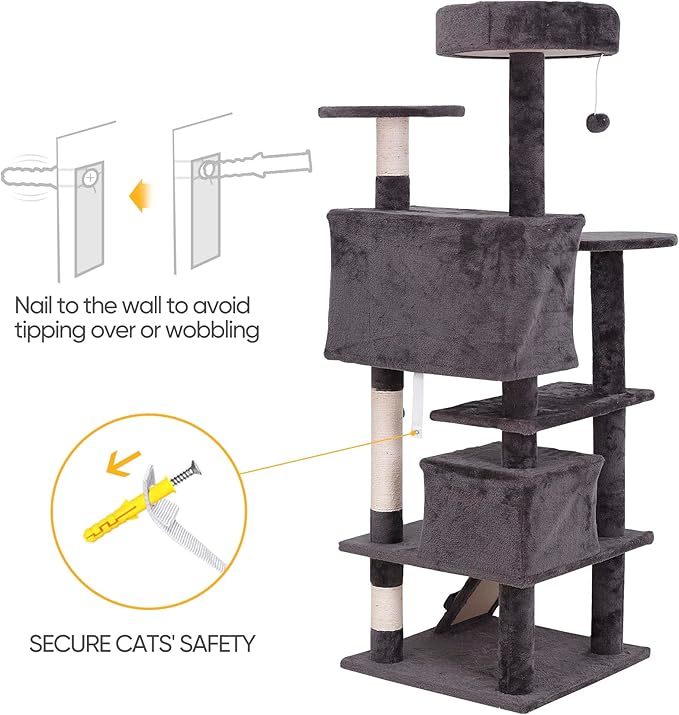 ZENY 54 Inch Cat Tree, Indoor Cat Tower Condo, Multi-Level Cat House with Sisal-Covered Scratching Post + 2 Play House, Pet Cat Furniture, Grey