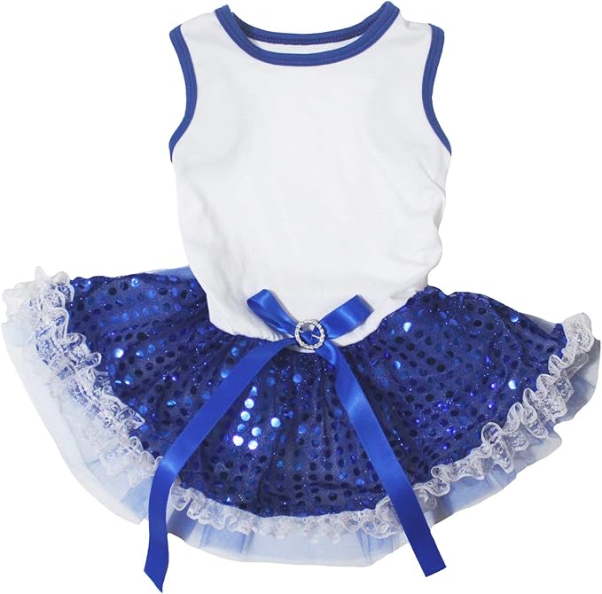 Petitebella Plain Sequins Tutu Puppy Dog Dress (White/Blue Lace, XXX-Large)