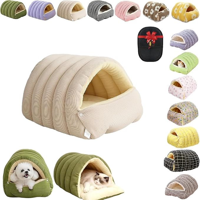 Removable and Washable Winter Closed-Off Cat Bed, Cutypet Winter Cave, Warm Foldable Secure Pet Nest for Indoor Cats & Small Dogs, Comfor Plush Snuggle Hut for Kitty, Puppy, Pets (Corduroy-White,L)